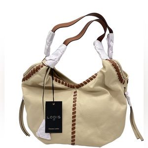 Lodis Whipstitch Leather Hobo Shoulder Bag in Cream/Brown